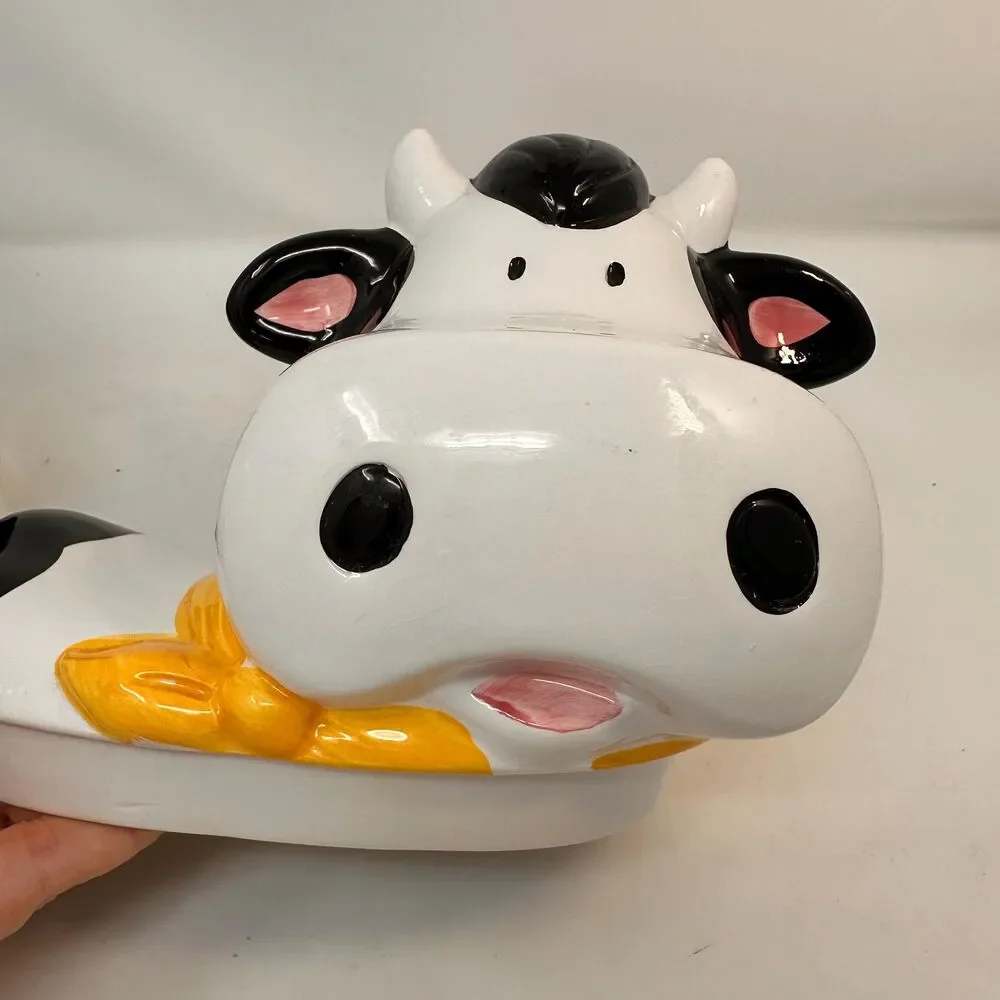 Vintage Cooks Club Ceramic Cow Cookie Jar Yellow Bandana Farmhouse Decor 11